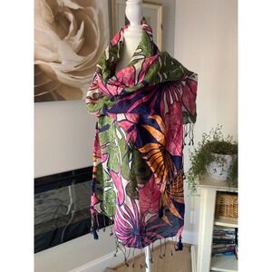 Tommy Bahama Scarf Lightweight Tropical Palm Tree Print Fringe Trim Beachy